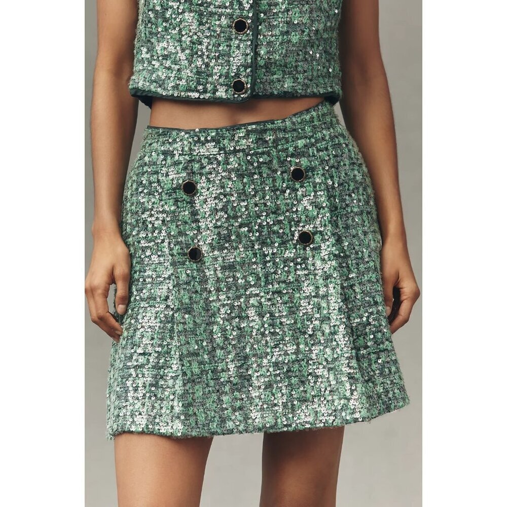 Anthropologie Maeve Sequin Tweed Mini Skirt Green XL